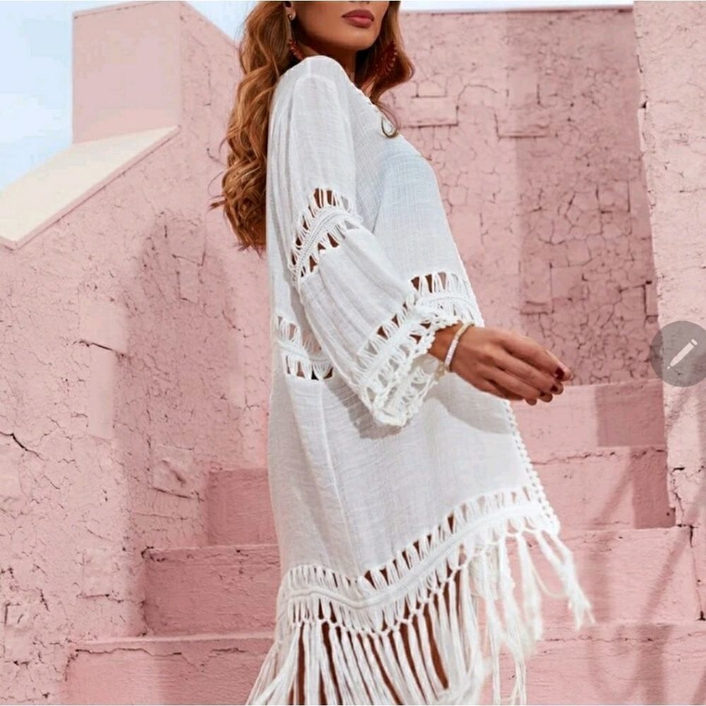 Tie Neck Fringe Hem Kimono